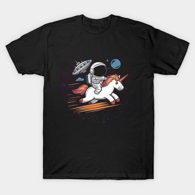 Space Escape: Astronaut Riding Fiery Unicorn T-Shirt by ArtMichalS